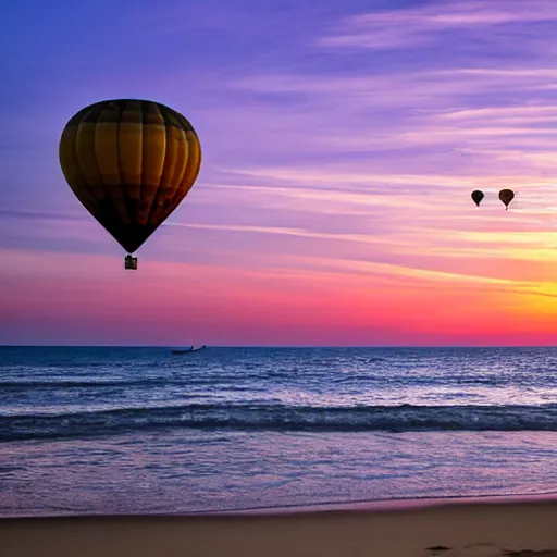 Image similar to a hot air balloon floats over a beach at violet sunset