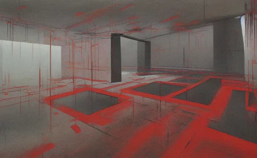 Prompt: an empty room in the style of constructivism, exhibition of paintings, trash bag on head, blurred, dystopian art, grotesque, doomed, neural acrylic paint, high resolution, gouache on canvas, ultra detailed, vibrant colors, grotesque, wrapped thermal background, slimey, art by francis bacon, beksinski painting
