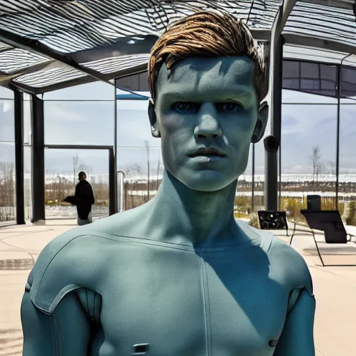 Image similar to a realistic detailed photo of a guy who is an attractive humanoid who is half robot and half humanoid, who is a male android, soccer player martin ødegaard, shiny skin, posing like a statue, blank stare, by the pool, on display, showing off his muscles, humanoid robot, frozen ice statue