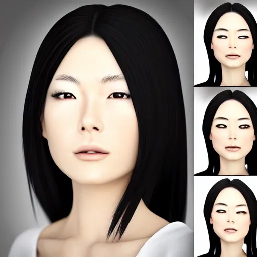 Image similar to pretty Japanese woman, headshot, 3/4 face turn, soft lights, photorealistic