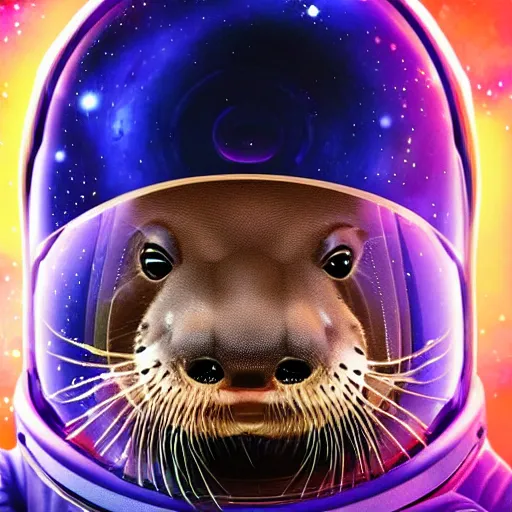 Prompt: a realistic portrait of an otter wearing a full space suit and reflective visor set against a space and nebula background, trending on artstation, ultra detail, photorealistic, fine detail, cgi, zbrush, global illumination, studio lighting