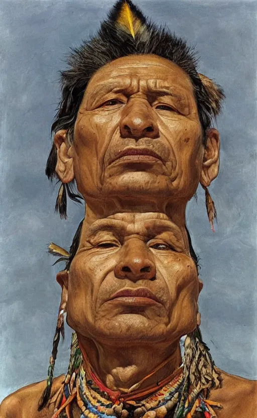 Prompt: full body shot picture of indigenous people leader gazing into the horizon, painted by lucian freud, hd, super detailed, realistic, muted colors