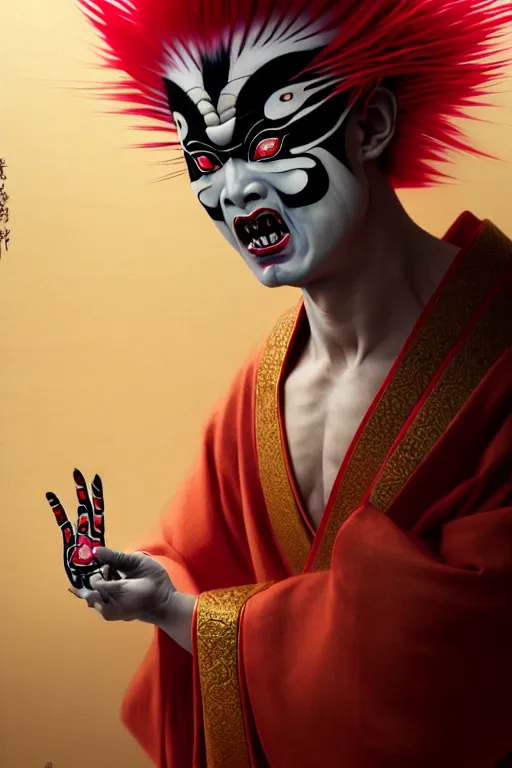 Image similar to elaborate illustration of an insane kabuki warrior showing his palm while emitting a visible aura of madness, intricate kimono and a red wig, crossed eyes, hazy atmosphere, greg rutkowski style, high quality, 8 k