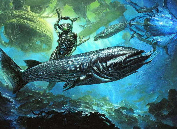 Prompt: pike fish with glowing blue eyes, cybernetic, electronic, glowing veins subsurface scattering, deep sea underwater photography, by gerald brom, by mikhail vrubel, by peter elson, muted colors, extreme detail, trending on artstation, 8 k