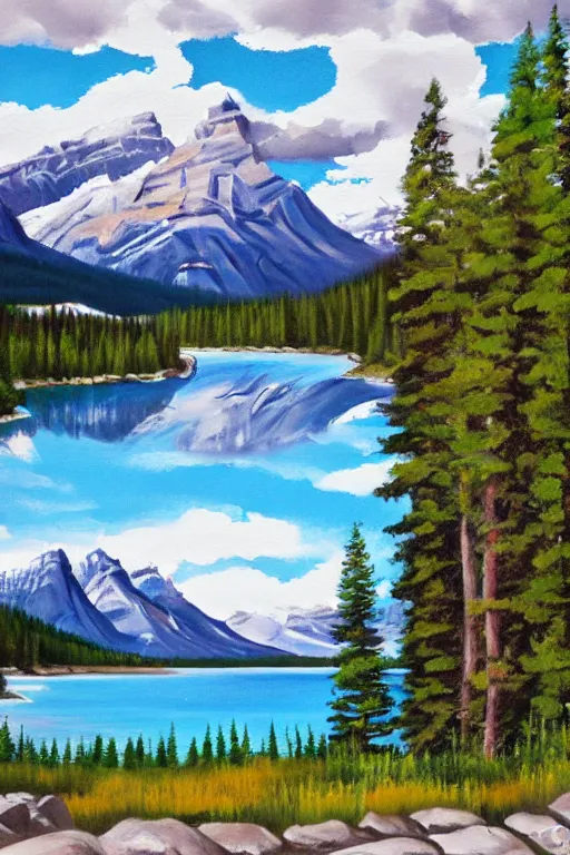 Image similar to bob ross painting of banff alberta