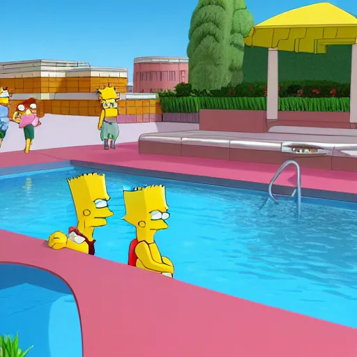 Prompt: 3D render of the Simpsons lounging near a pool