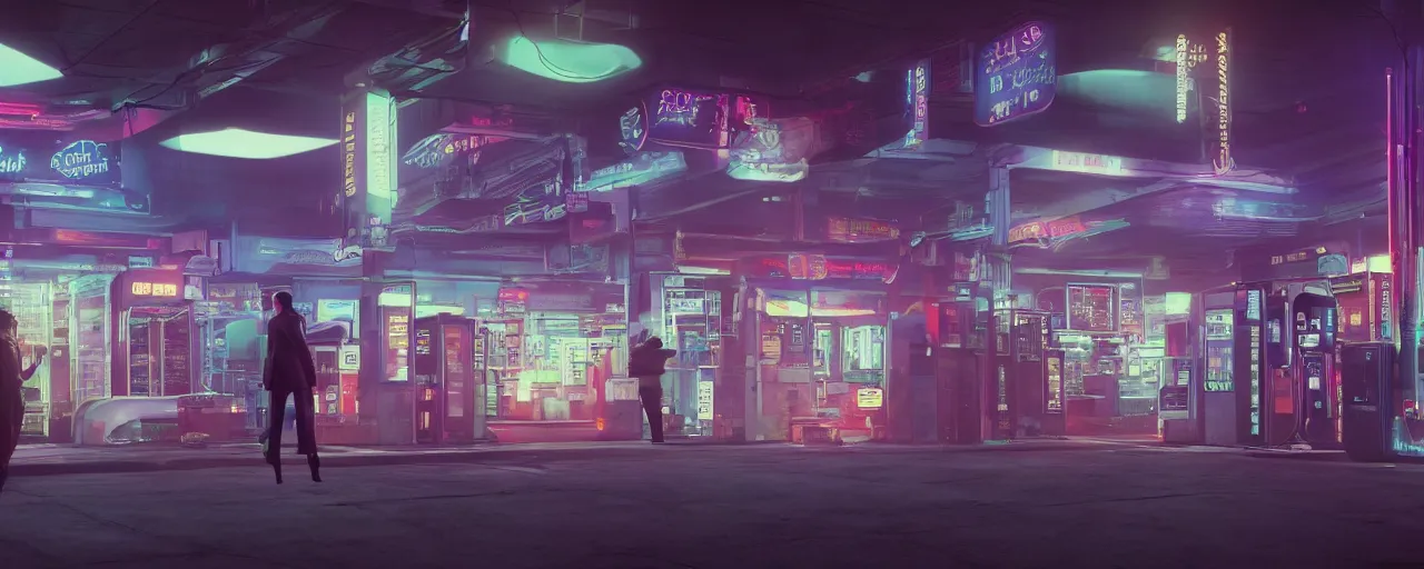 Image similar to a scene from the matrix that takes place in a gas station in the night time, vaporwave aesthetic, neon signs, superliminal 8 k uhd, unreal engine, octane render in the artstyle of finnian macmanus, john park and greg rutkowski