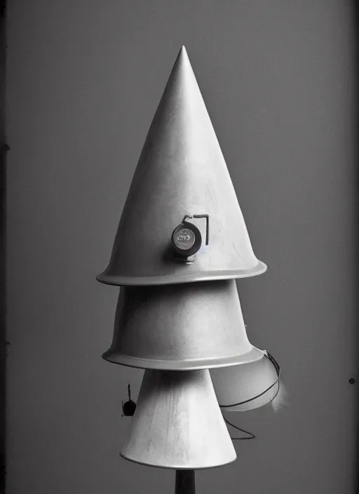 Image similar to realistic photo of a a scientist medieval wooden cone hat, covered in tesla electricity aura, greyscale 1 9 9 0, life magazine photo, natural colors,