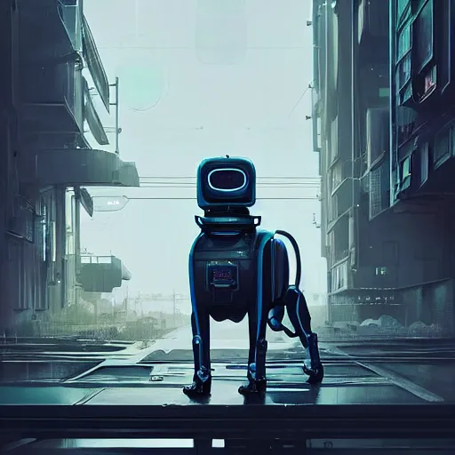 Image similar to a robot dog, metallic, cyberpunk style ， hyperrealistic, by beeple, greg rutkowski, caspar david friedrich, smooth, illustration, elegant, artstation, digital painting.