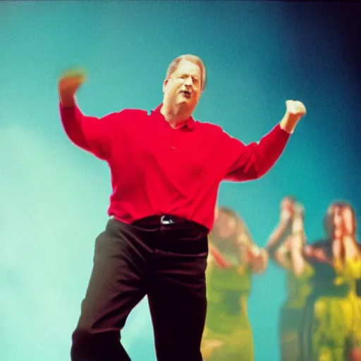 Image similar to Al Gore dancing his heart out. CineStill.