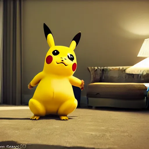 Image similar to Pikachu taking a bong rip on the couch, unreal engine 5, octane render, cgsociety, living room interior, soft lighting, ray tracing,