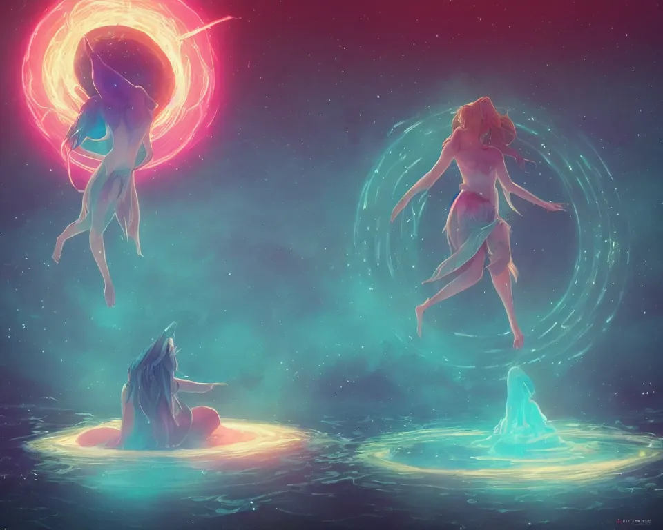 Image similar to a beautiful whimsical goddess floating above a lake basking in the moonlight, firebending, underneath a multi-colored binary blackhole with an accretion disc, glowing trails following her arms, synthwave, by Lois van Baarle, by Greg Rutkowski, by artgerm, by beeple, by studio ghibli, cinematic angle, volumetric lighting, 4k resolution, octane render, trending on artstation, masterpiece