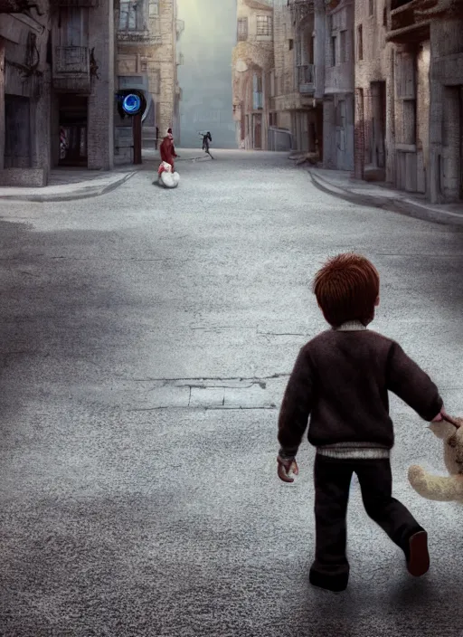 Image similar to hyperrealism, detailed textures, photorealistic 3 d, a young boy walking down the street holding a worn out teddy bear, ultra realistic, cinematic, intricate, cinematic light, concept art, illustration, art station, unreal engine 8 k