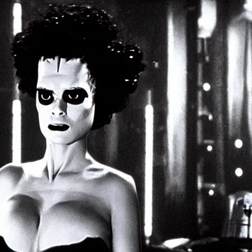 Prompt: cinematic portrait of bride of frankenstein as a replicant in a nightclub, confused and angry, still from the movie bladerunner, fashion photography, a neon sign is in the background