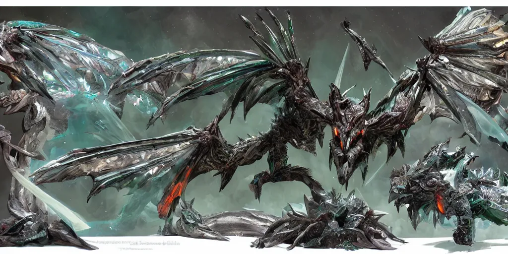 Image similar to Emerald four legged crystal bat, character design sheet, Monster Hunter Illustrations art book, big claws, sharp fangs, huge wings, long tail, iridescent scale patterns, cluster of crystals as spikes on its back, Moebius, Greg Rutkowski, Zabrocki, Karlkka, Jayison Devadas, Phuoc Quan, trending on Artstation, 8K, ultra wide angle, zenith view, pincushion lens effect.