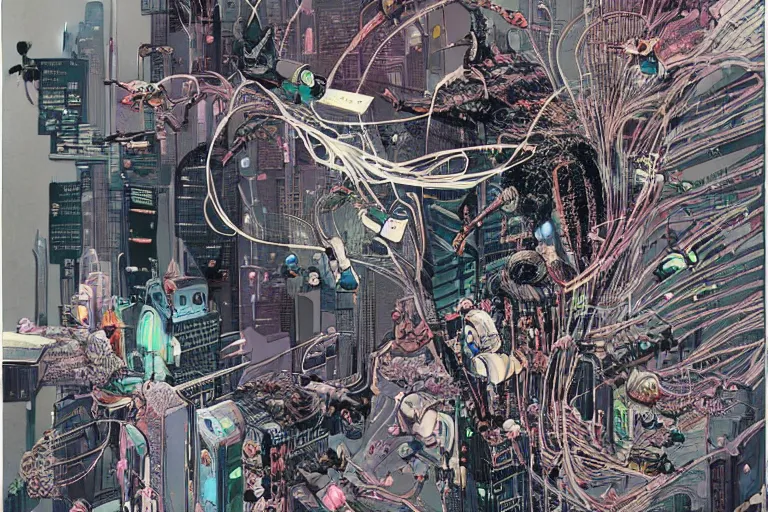 Image similar to an extremely beautiful cyberpunk illustration of parts of female androids' bodies scattered across an empty white background with cables and wires coming out, by katsuhiro otomo and masamune shirow, hyper-detailed, colorful, bird view