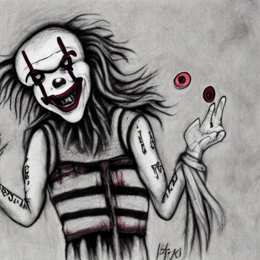 Image similar to grunge drawing of a happy pennywise in the style of the grudge | horror themed | loony toons style
