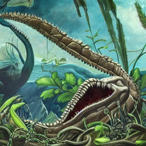 Prompt: plesiosaur, ancient marine reptile, fanged serpent face, vicious, snapping teeth, bulbous eyes, tangled in jungle bramble, ensnared in vines, oil painting, dappled light, global illumination