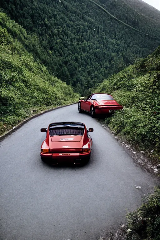 Image similar to Photo of a Porsche 911 Carrera 3.2 on a winding road through mountains and forests. Canon EOS 100, 28-80mm USM MkI, Ektachrome E100