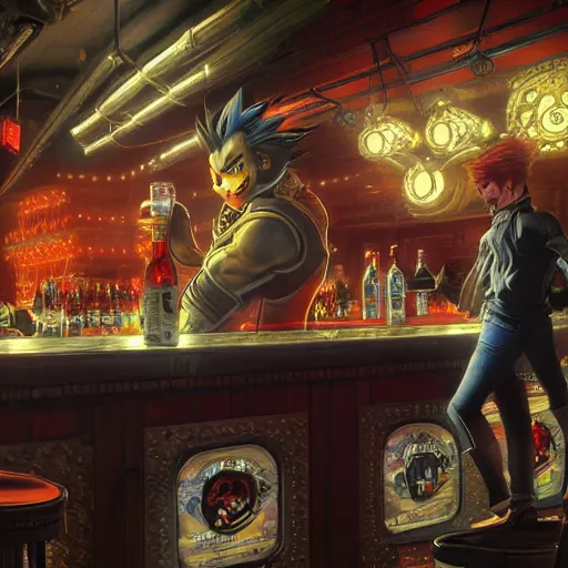 Image similar to an ultra detailed illustration of shadow the hedgehog and bowser sitting in a bar drinking beer, dive bar with a karaoke machine, volumetric lighting, 4 k, octane render, art by greg rutkowski and alphonse mucha and andreas rocha and albert bierstadt