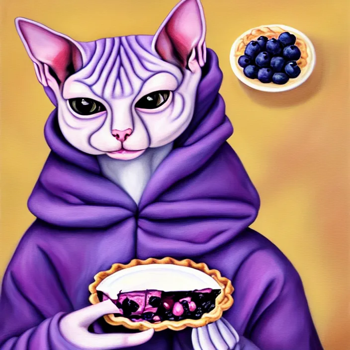 Image similar to an anthropomorphic sphynx cat fursona with big eyes eating a slice of blueberry pie, furry art, cute, oil on canvas, soft lighting