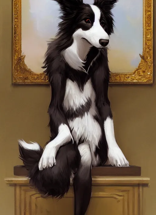 Prompt: wide angle beautiful full body portrait of a cute male anthropomorphic anthro border collie fursona sitting in a parlor room, character design by charlie bowater, henry asencio, and ross tran, disney, scenic background, detailed, aesthetic, trending on artstation, furaffinity, deviantart