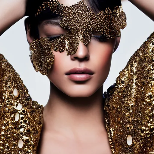 Image similar to close up of face of a fashion model with golden droplets on face in luxury dress, black background, official valentino editorial, highly detailed