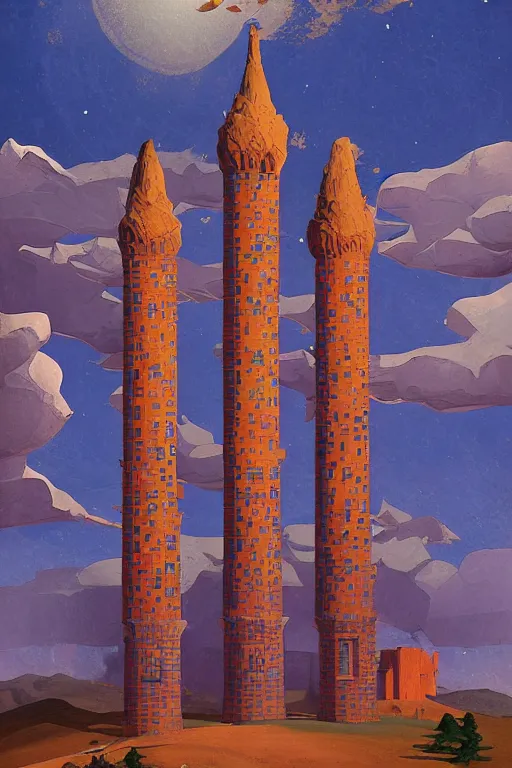 Prompt: glorious painted tower of the moon, by Sylvain Sarrailh and Ludwig Deutsch and Nicholas Roerich, dramatic cinematic lighting , beautiful colorful tilework, ornate architecture, smooth, sharp focus, extremely detailed