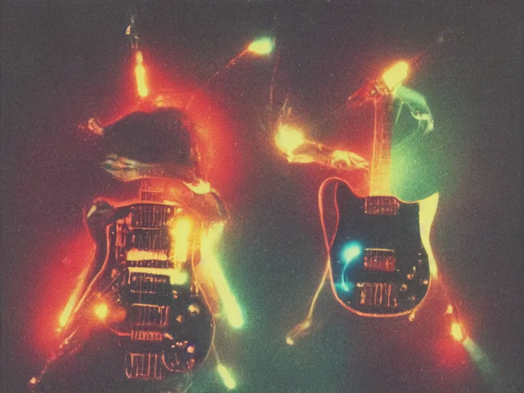 Prompt: 1980s polaroid colour flash photograph of a creature made of electric guitars