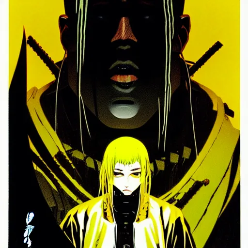 Image similar to professionally drawn seinen mature cyberpunk kanye west horror action manga comic cover, dramatic, beautifully drawn coherent professional, drawn by ilya kuvshinov, ilya kuvshinov, satoshi kon, kentaro miura, dave mckean, tsutomu nihei. japanese script kanji hiragana on the cover. minimalist stylized cover art. yellow purple cel shaded