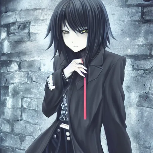 Image similar to 1 7 - year - old anime goth girl, black hair, long bob cut, long bangs, gothic coat, long bangs, united kingdom, rainy day, small town, midlands, english village, street scene, ultra - realistic, sharp details, cold lighting, blue and gray colors, intricate details, subsurface scattering, hd anime, 2 0 1 9 anime