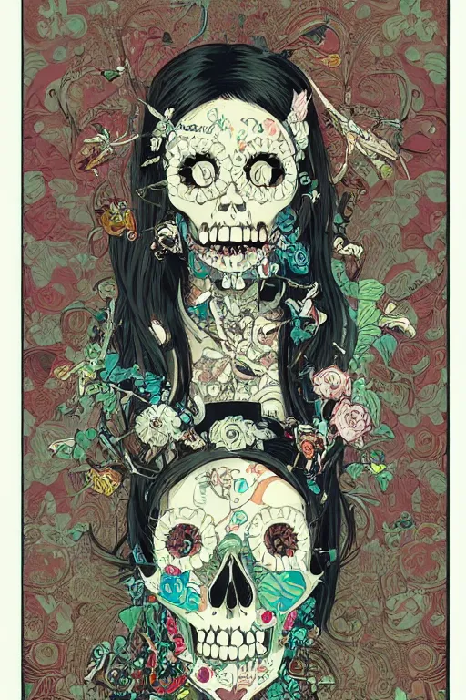 Prompt: beautiful skull cyborg portrait girl illustration, detailed patterns art of vietnam traditional dress, pop art, splash painting, art by geof darrow, ashley wood, alphonse mucha, makoto shinkai