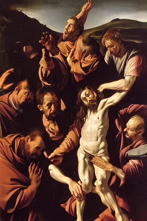 Prompt: a highly realistic oil painting of The Descent from the Cross, vey detailed faces, landscape background, chiaroscuro, by Caravaggio