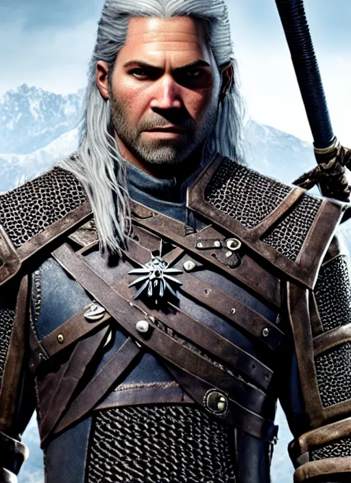 Image similar to film still of paul walker as geralt of rivia in the witcher 3, gameplay, 8 k, hd