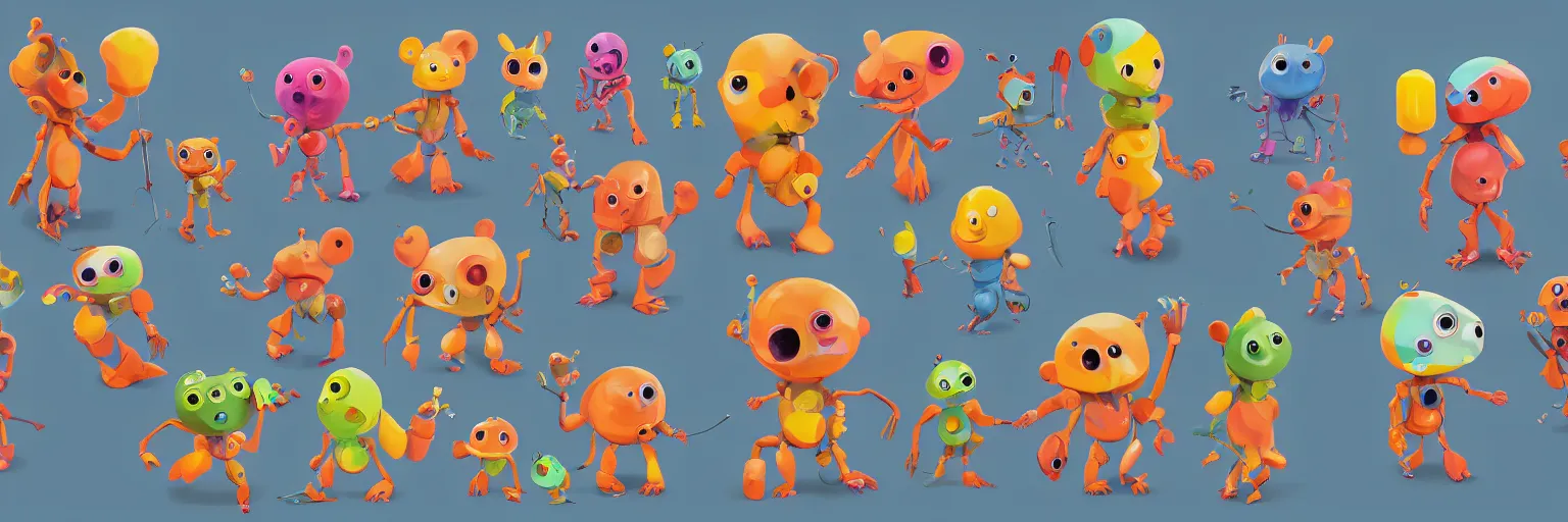 Prompt: concept sheet of cute colorful 3 d family characters for kids assisting a concept machine. cute bipedal robots animals, big head and eyes, primitive shapes and forms, reflective like candy, concept art, 8 k, artstation