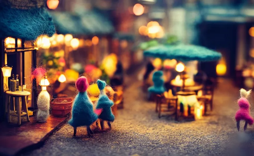 Image similar to miniature cafe diorama macro photography, cafe with felted bunnies, alleyway, ambient, atmospheric, british, cozy, bokeh, romantic, colorful lanterns