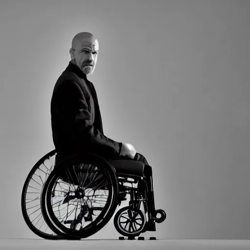 Image similar to flynn white from breaking bad unable roll his wheelchair upstairs, sharp focus, hyper realistic, sony 3 5 mm lens