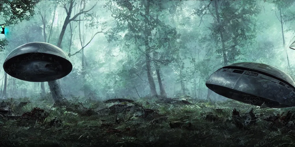 Image similar to abandoned crashed ufo in the forest, concept art, art station landscape, cinematic lighting hyper realistic painting, dark atmosphere