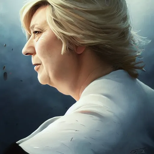 Image similar to Portrait of Marine le Pen , heroic, amazing splashscreen artwork, splash art, head slightly tilted, natural light, elegant, intricate, fantasy, atmospheric lighting, cinematic, matte painting, detailed face, by Greg rutkowski