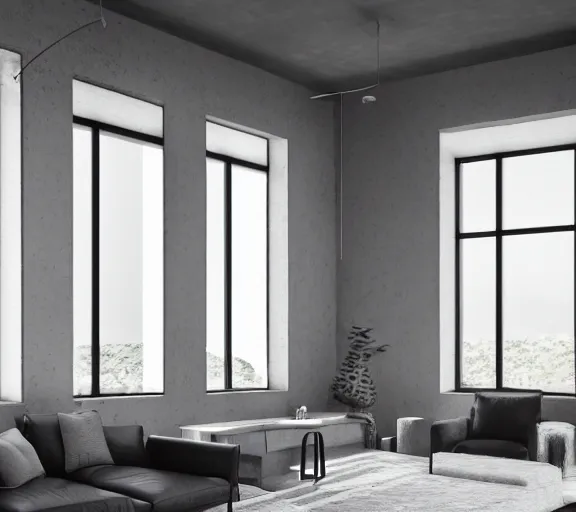 Image similar to brutalist black mansion luxury living room open space tall windows interior design minimalist organic, organic architecture furniture open space high quality octane render blender 8 k