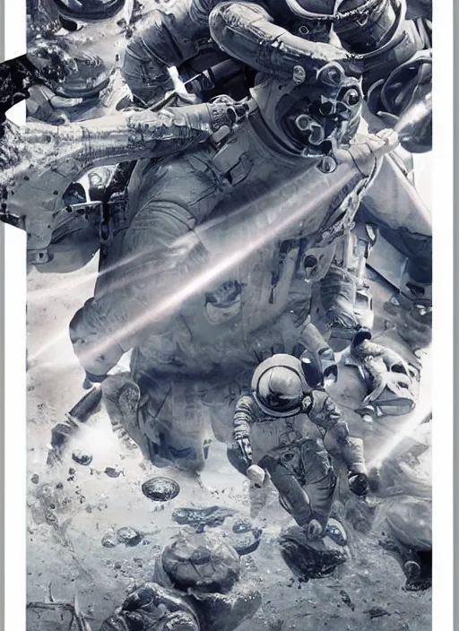 Image similar to astronauts in dark and empty void underwater - complex and hyperdetailed technical suit. reflection and dispersion materials. rays and dispersion of light. volumetric light. 5 0 mm, f / 3 2. noise film photo. flash photography. ultra realistic, wide angle. poster by wayne barlowe, hajime sorayama aaron horkey, craig mullins