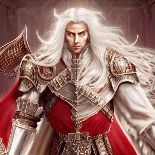 Prompt: Epic rococo painting of young man with long white hair, wearing a full medieval knight armor imitating a large moth man in white and red tones. Middle age. Castlevania, ultra-detailed. Anime, pixiv, UHD 8K CryEngine, octane render