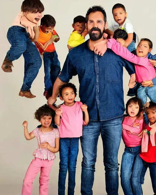 Prompt: a man with five children protecting his pair of jeans and screaming