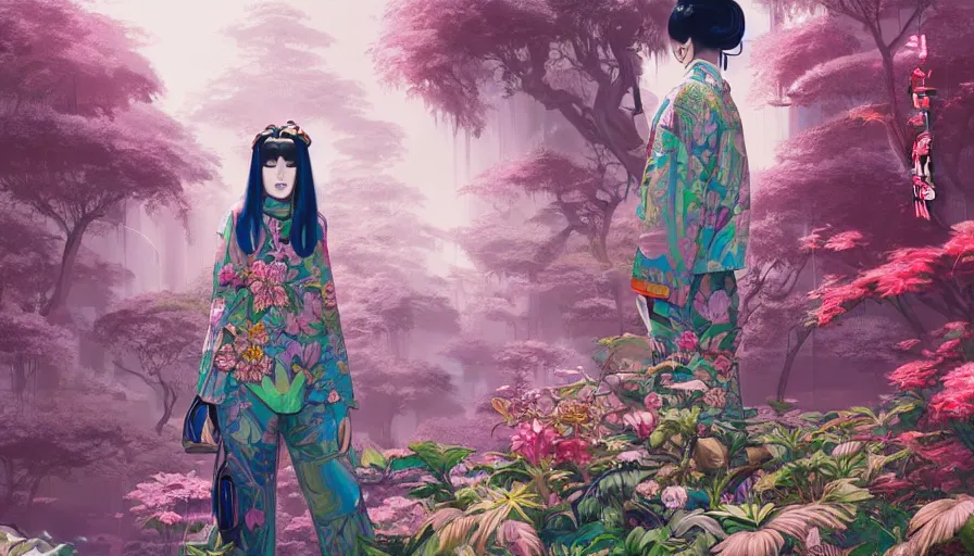 Prompt: a digital painting of a woman wearing gucci exploring a magical japanese temple, lush plants and flowers, eco - cyberpunk art by james jean, cgsociety, retrofuturism, anime aesthetic, chromatic, iridescent, uhd