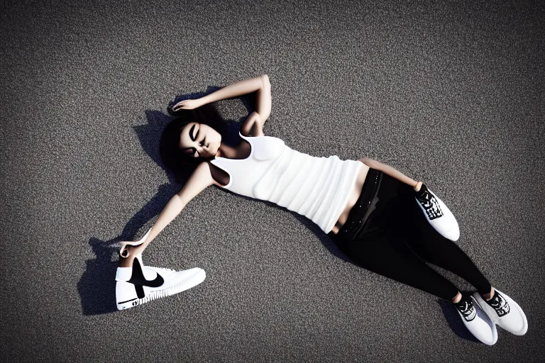 Prompt: a ultradetailed render of a stylish woman laying on the ground, she is wearing nike air force 1 sneakers, octane render, trending on artstation