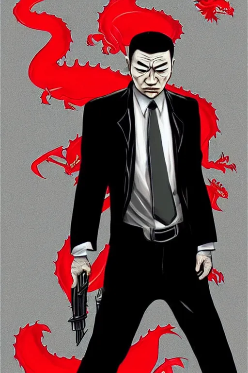 Image similar to chinnese mafia, with black suit and red tissue, some of leader have dragon tatto. digital art, concept art, pop art, bioshock art style, accurate, detailed, gta chinatown art style, l. a noire art style, dynamic, face features, body features, ultra realistic, smooth, sharp focus, art by richard hamilton and mimmo rottela