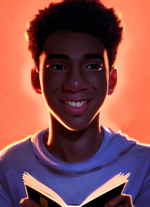Prompt: portrait of teenage chuck clayton, black teenage boy, very short curly hair, very short hair, square jaw, slight excited smile, reading archie andrews comic book, intricate, elegant, glowing lights, highly detailed, digital painting, artstation, concept art, smooth, sharp focus, illustration, art by wlop, mars ravelo and greg rutkowski