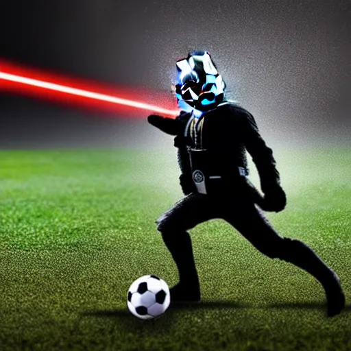 Image similar to professional shot from a game of soccer with darth vader kicking the ball, highly detailed, extremely high quality, hd, 4 k, 8 k, canon 3 0 0 mm, professional photographer, 4 0 mp, lifelike, top - rated, award winning, realistic, detailed lighting, detailed shadows, sharp, no blur, edited, corrected, trending