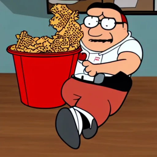 Prompt: peter griffin eating a bucket of kfc chicken