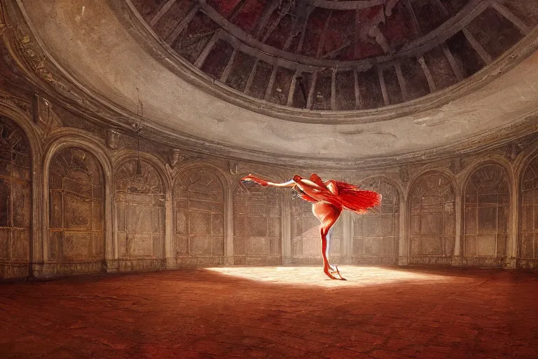 Prompt: a beautiful painting of a domed decaying ballroom, rot and vines everywhere, in center an elegant dancer on flamingo legs, by salvador dali, artstation, dramatic lighting